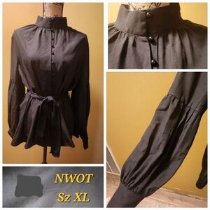 NWOT Black long sleeve blouse with belted waist, buttoned down front Sz XL